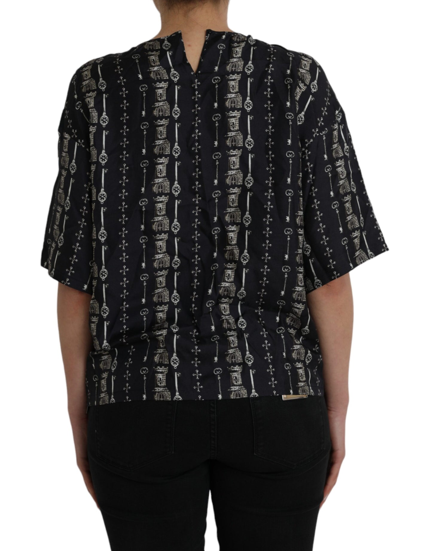 Dolce & Gabbana Dolce & Gabbana Black Key Castle Print Silk Blouse T-shirt/IT42|M/Black