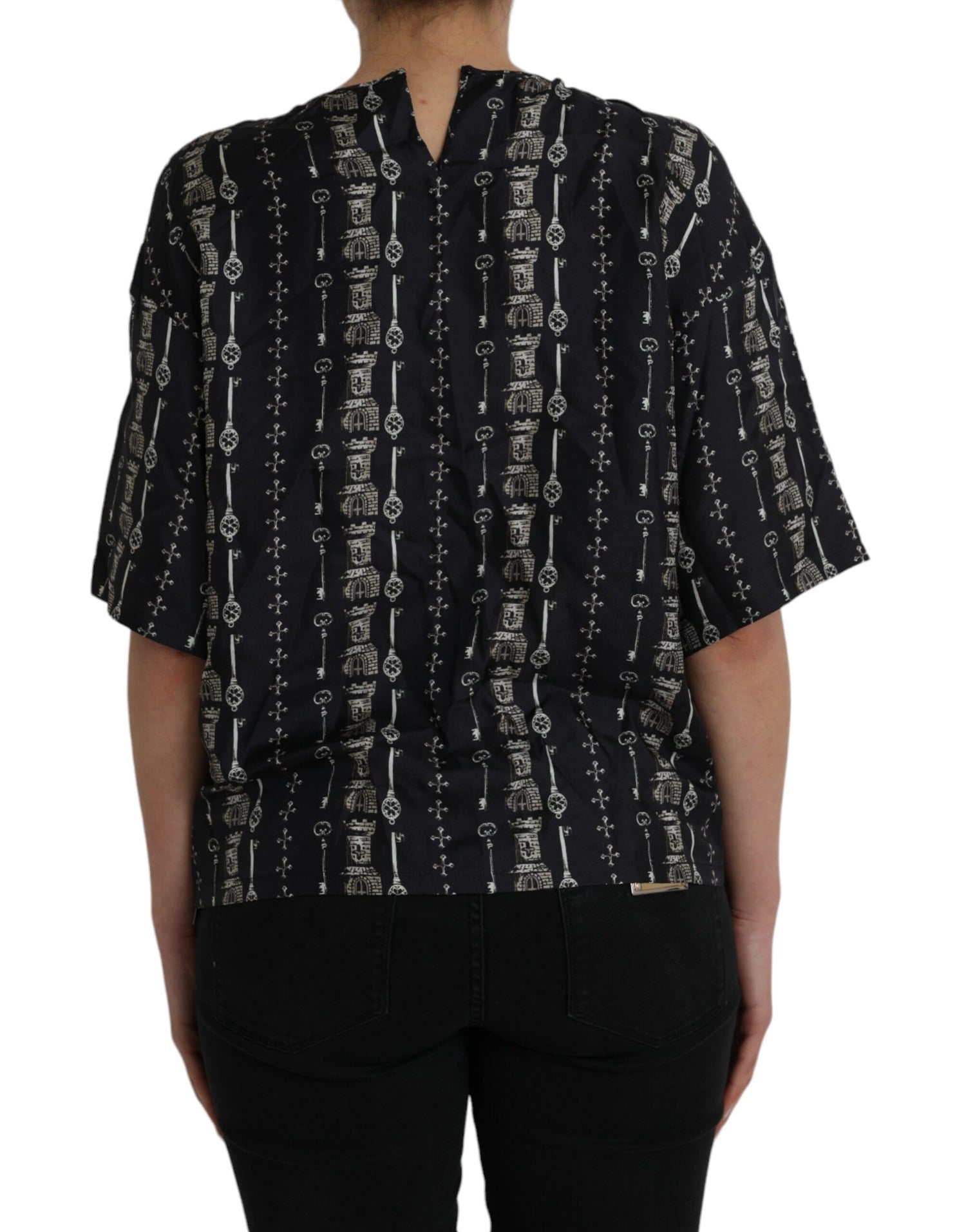 Dolce &amp; Gabbana Dolce &amp; Gabbana Black Key Castle Print Silk Blouse T-shirt/IT42|M/Black