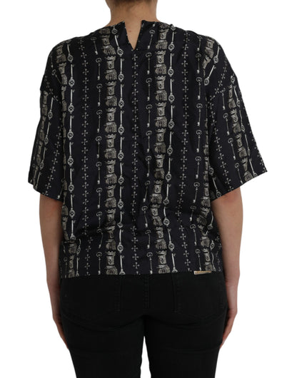 Dolce &amp; Gabbana Dolce &amp; Gabbana Black Key Castle Print Silk Blouse T-shirt/IT42|M/Black