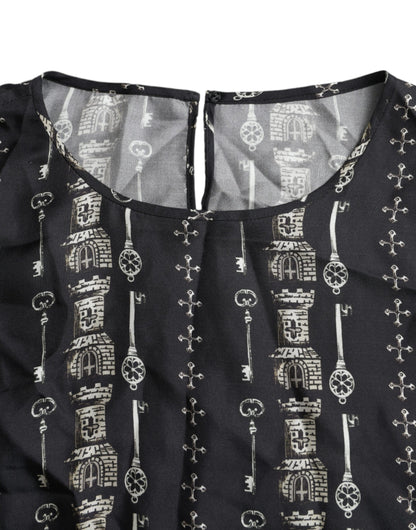 Dolce &amp; Gabbana Dolce &amp; Gabbana Black Key Castle Print Silk Blouse T-shirt/IT42|M/Black