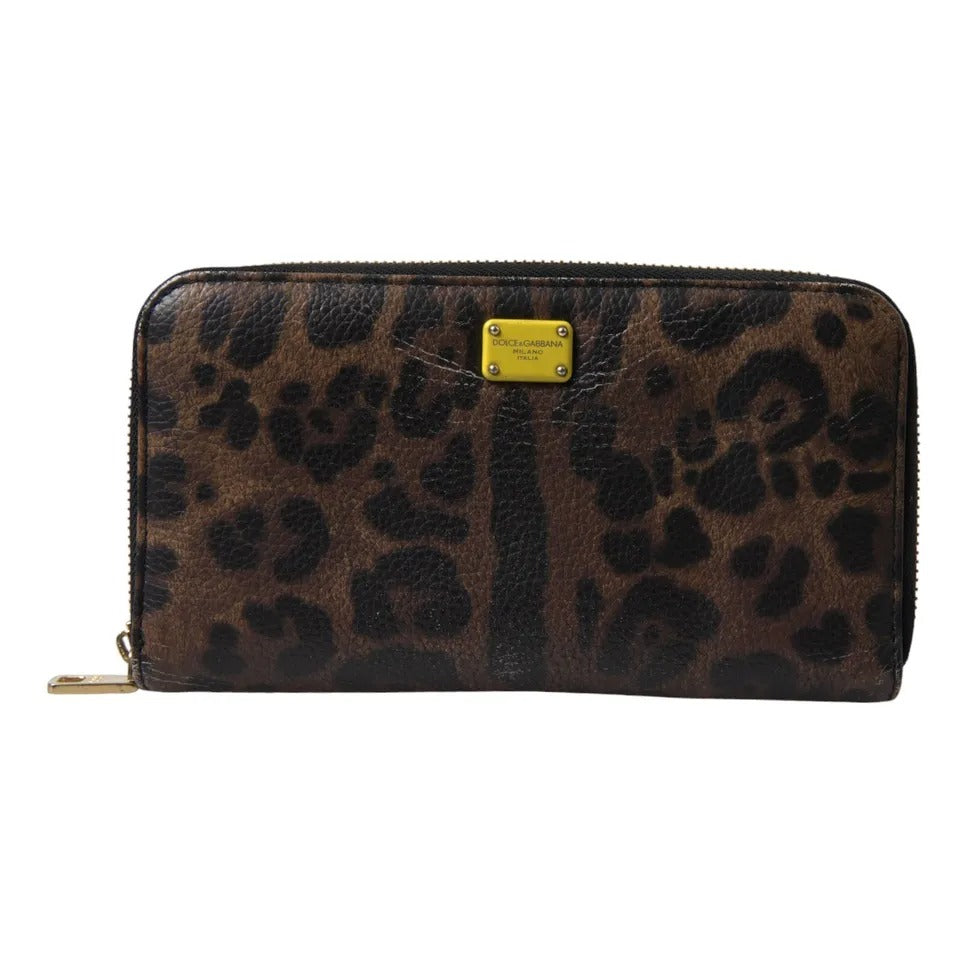 Dolce &amp; Gabbana Dolce &amp; Gabbana Brown Leopard Leather DG Zip Around Continental Wallet/Brown