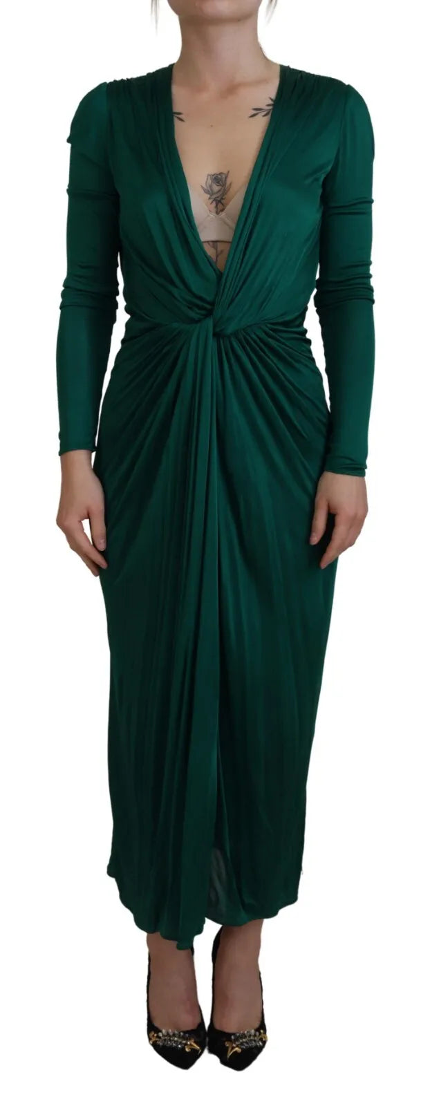 Dolce & Gabbana Dark Green Viscose Long Sleeve Midi Dress/IT36 | XS/Dark Green