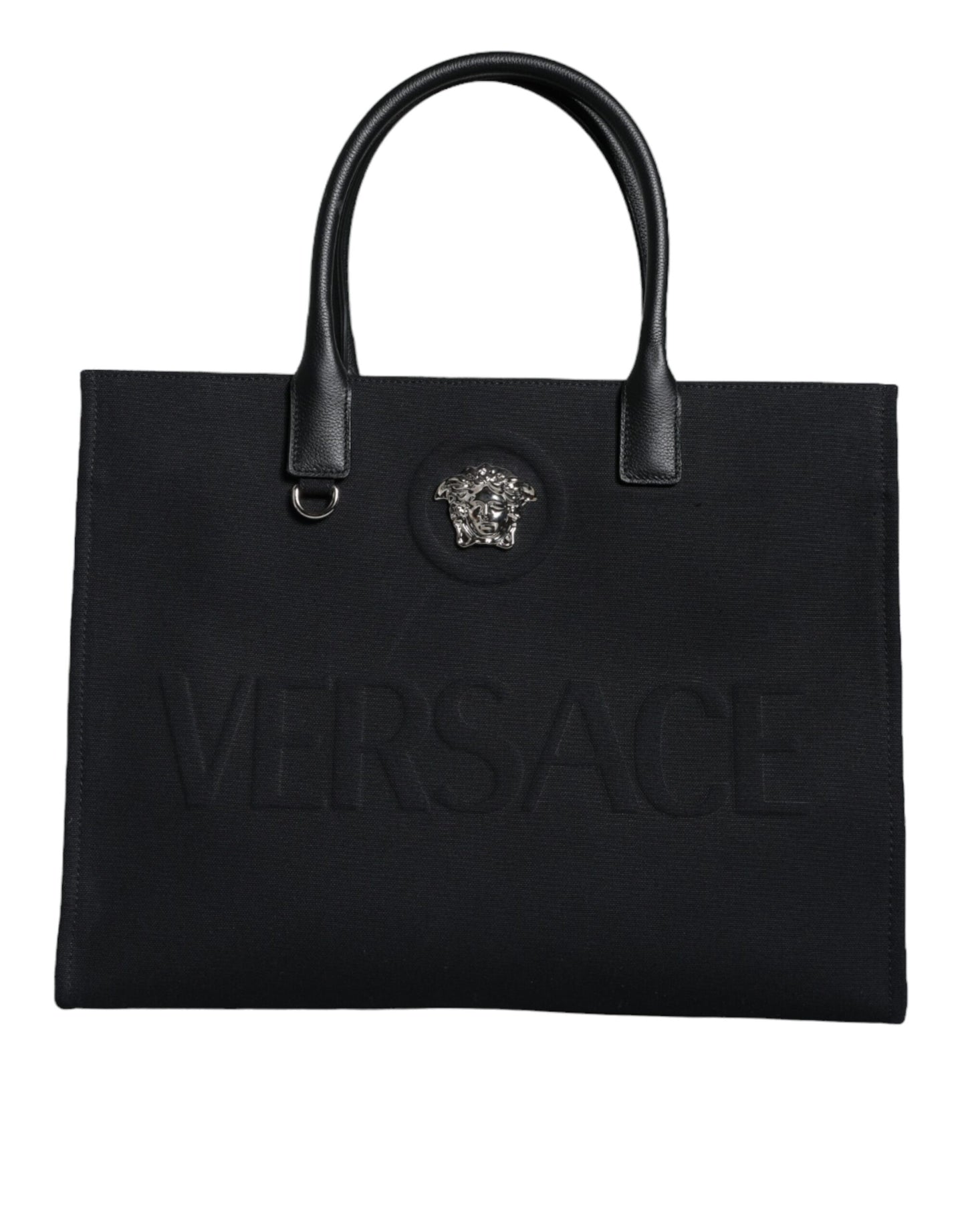 Versace Black Top Handle Canvas Leather Logo Shopping Tote Bag/Black