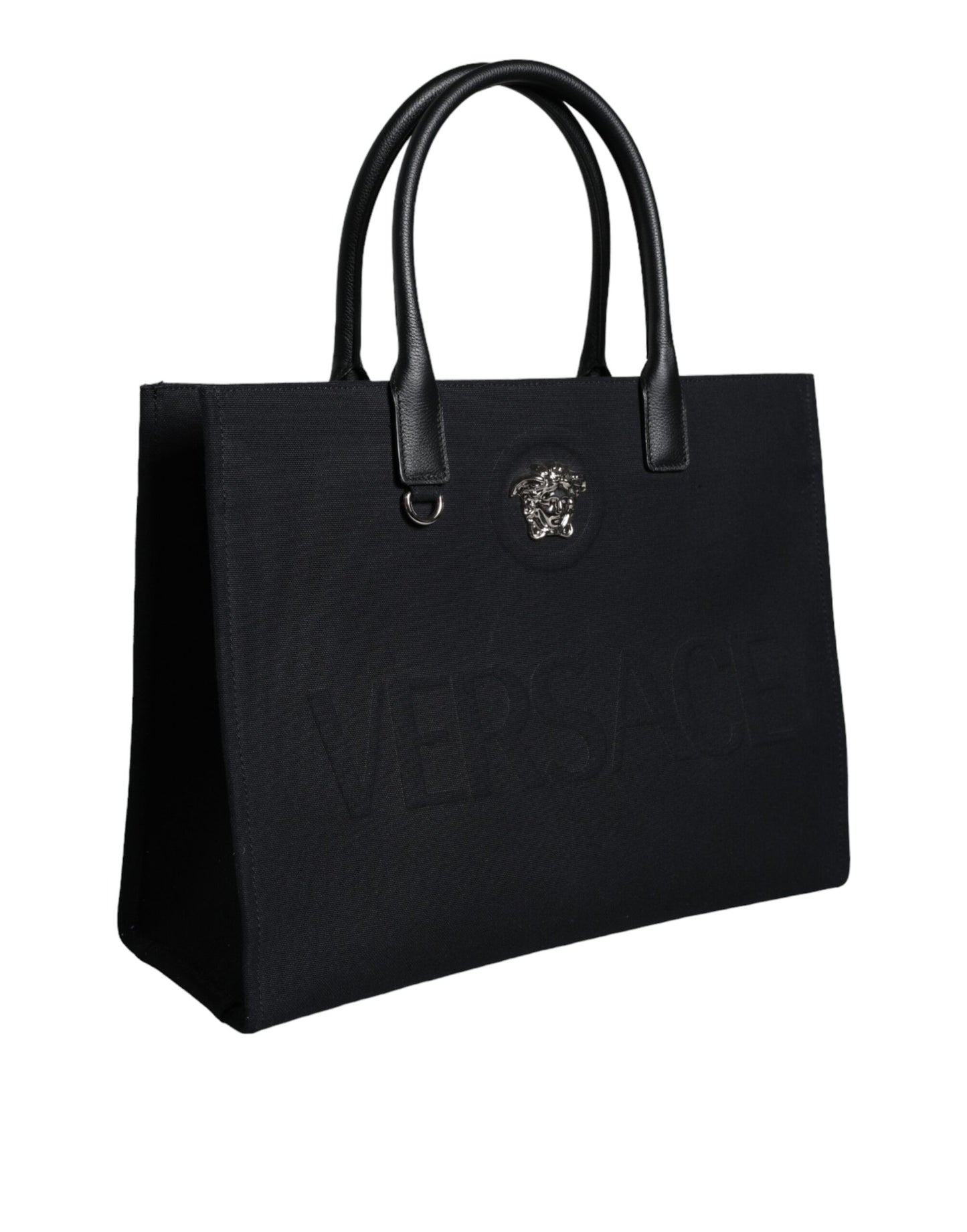 Versace Black Top Handle Canvas Leather Logo Shopping Tote Bag/Black