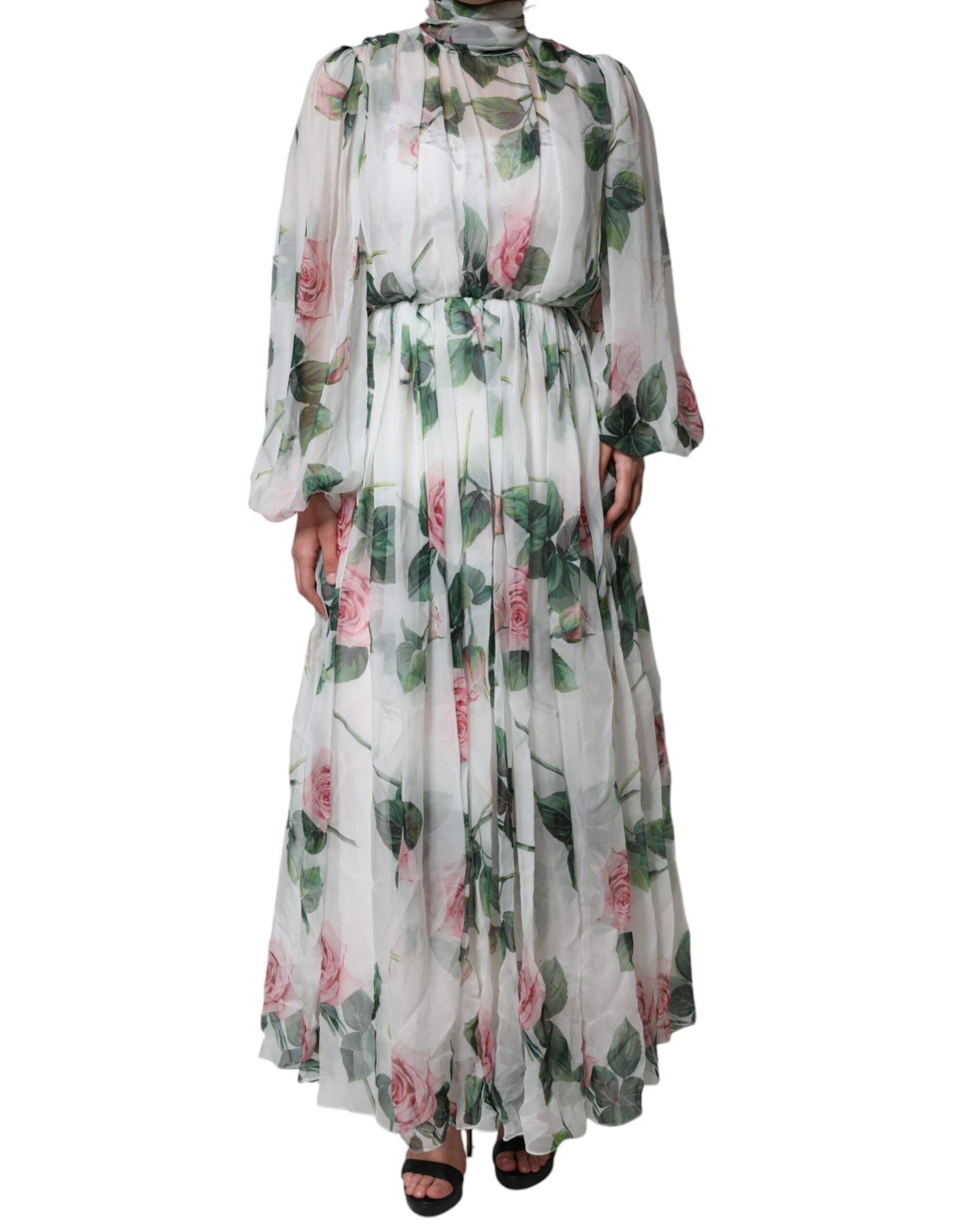 Dolce & Gabbana Dolce & Gabbana White Silk Floral Print Long Maxi Dress/IT42|M/White