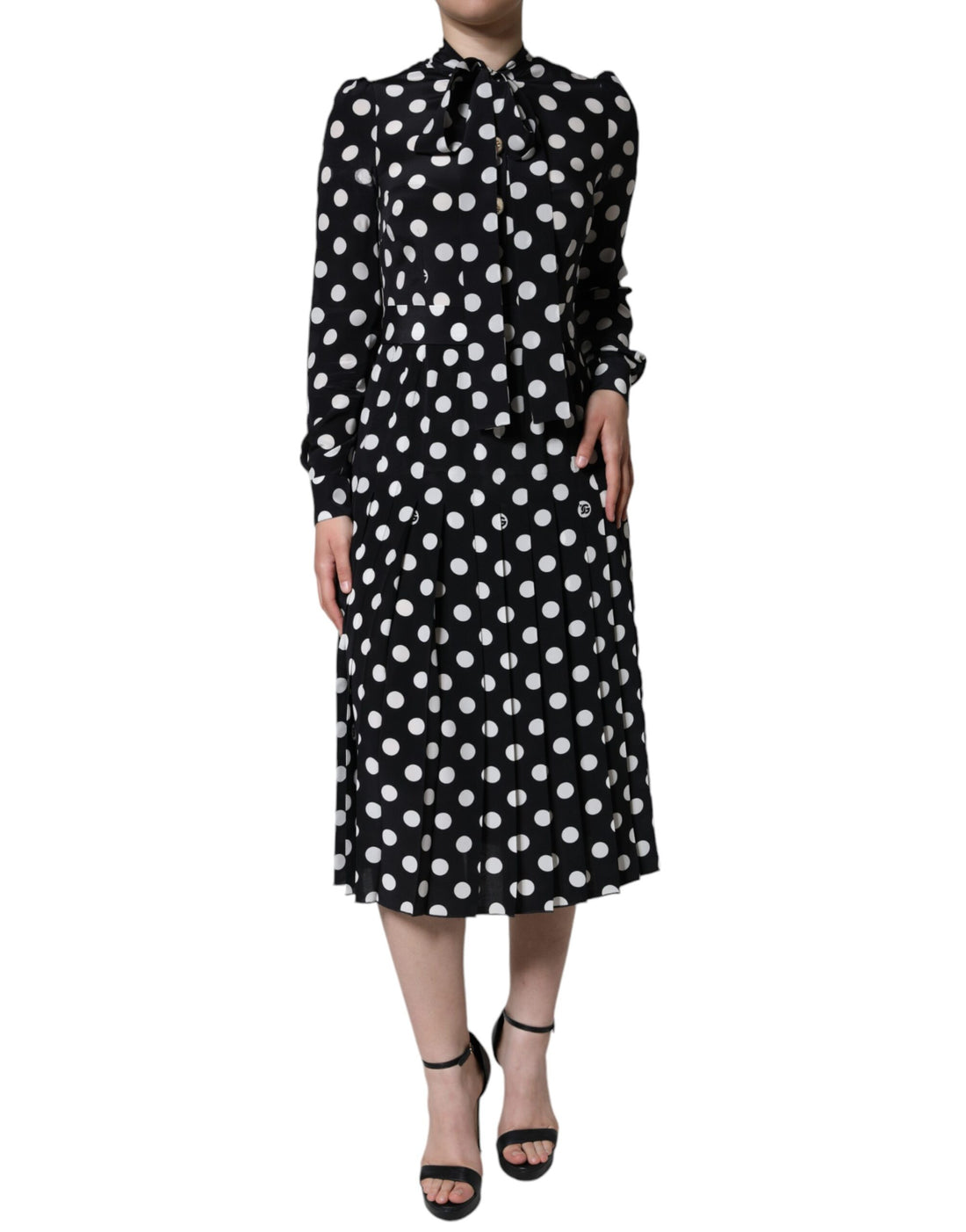 Dolce &amp; Gabbana Black White Polka Dot Ascot Collar Midi Dress/IT40|S/Black/White