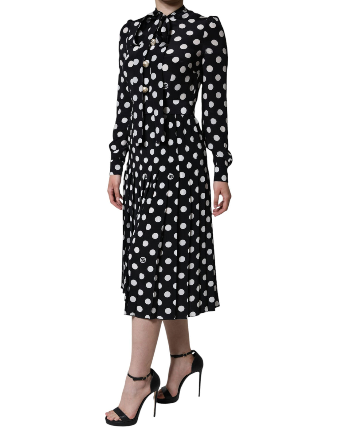 Dolce &amp; Gabbana Black White Polka Dot Ascot Collar Midi Dress/IT40|S/Black/White
