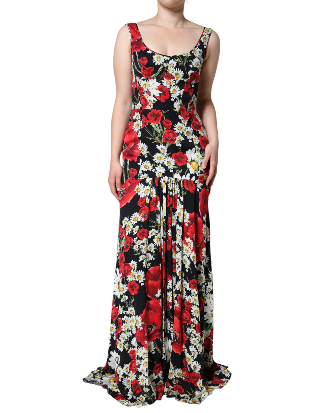 Dolce &amp; Gabbana Black Floral Silk Sleeveless Long Gown Dress/IT42|M/Black