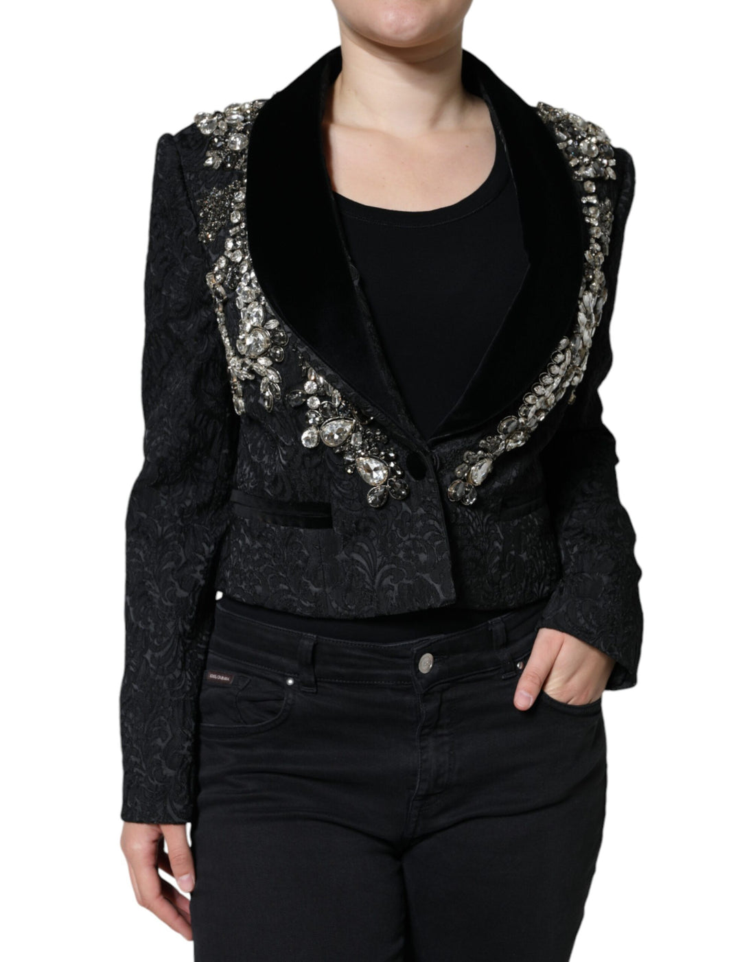 Dolce &amp; Gabbana Black Jacquard Crystal Floral Jacket Blazer/IT44 | L/Black