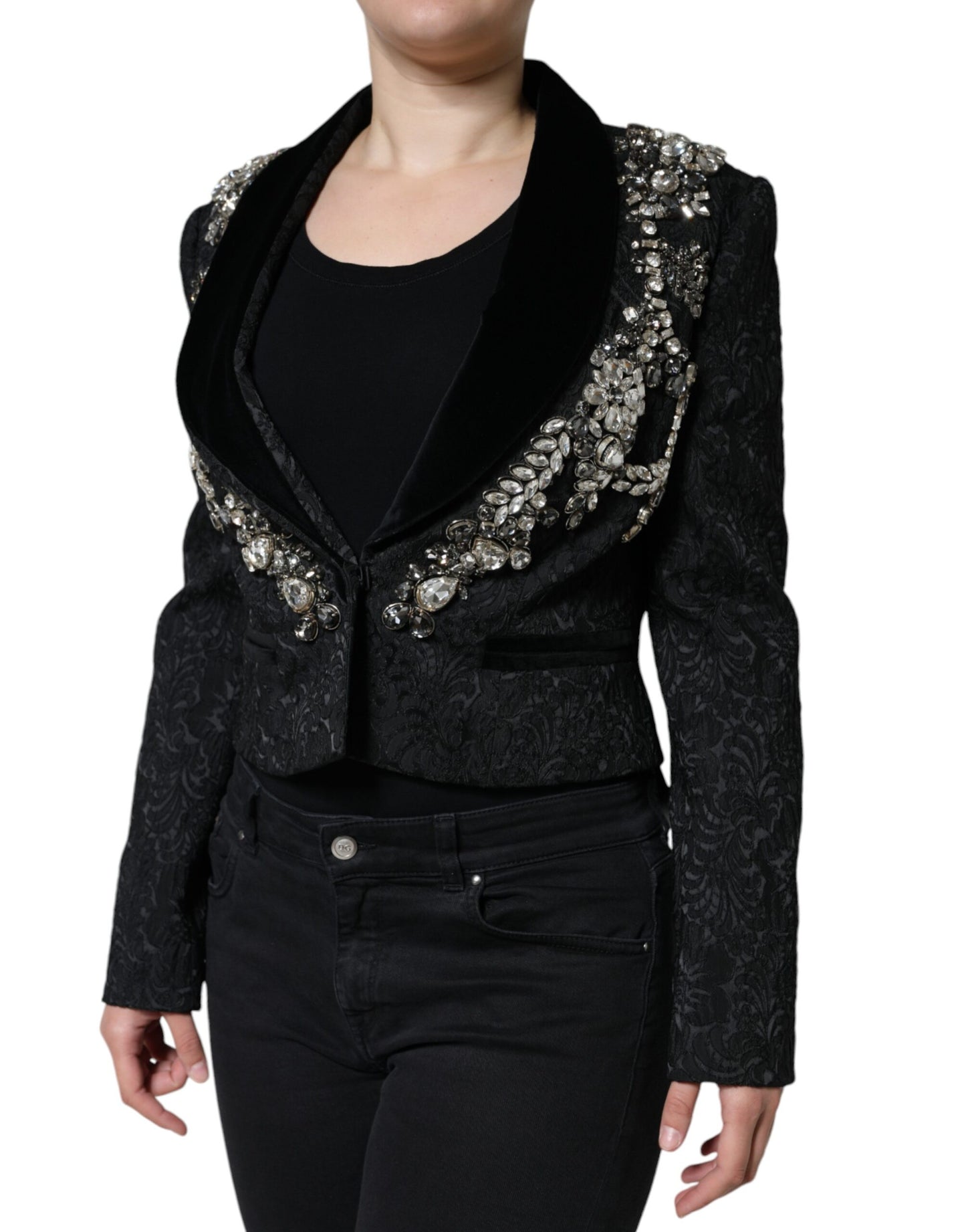 Dolce & Gabbana Black Jacquard Crystal Floral Jacket Blazer/IT44 | L/Black