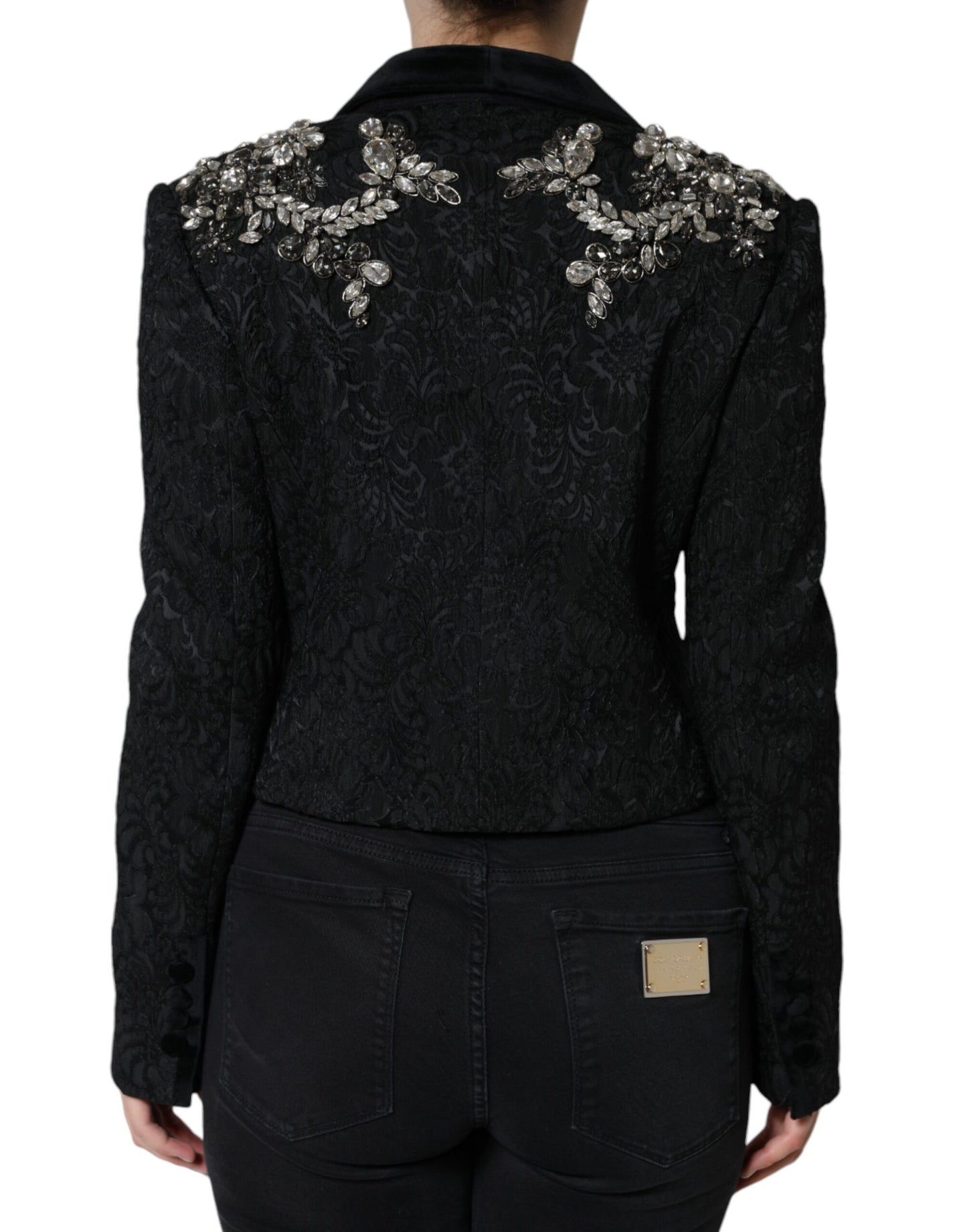 Dolce & Gabbana Black Jacquard Crystal Floral Jacket Blazer/IT44 | L/Black