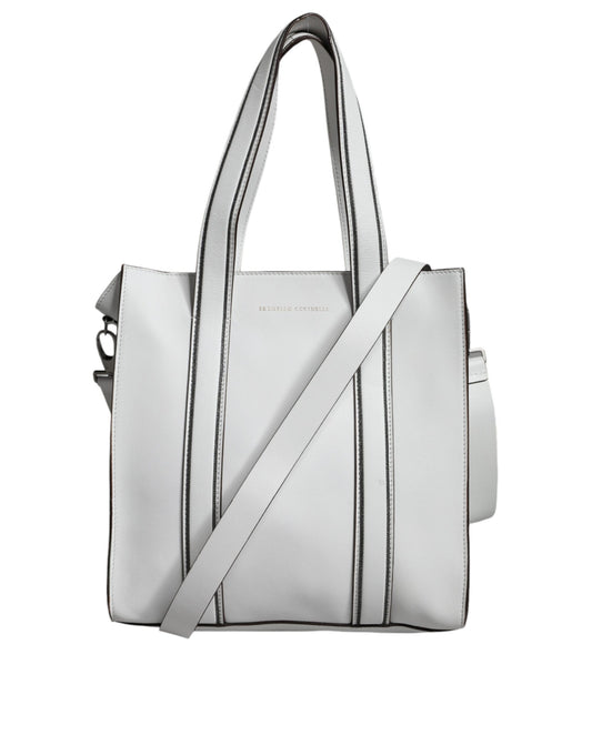 Brunello Cucinelli White Leather Logo Shoulder Strap Shopping Tote Bag/one size/White