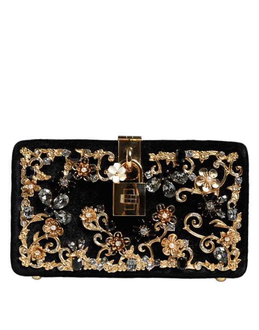 Dolce & Gabbana Black Velvet Floral Crystal Clutch Evening Purse Bag/one size/Black