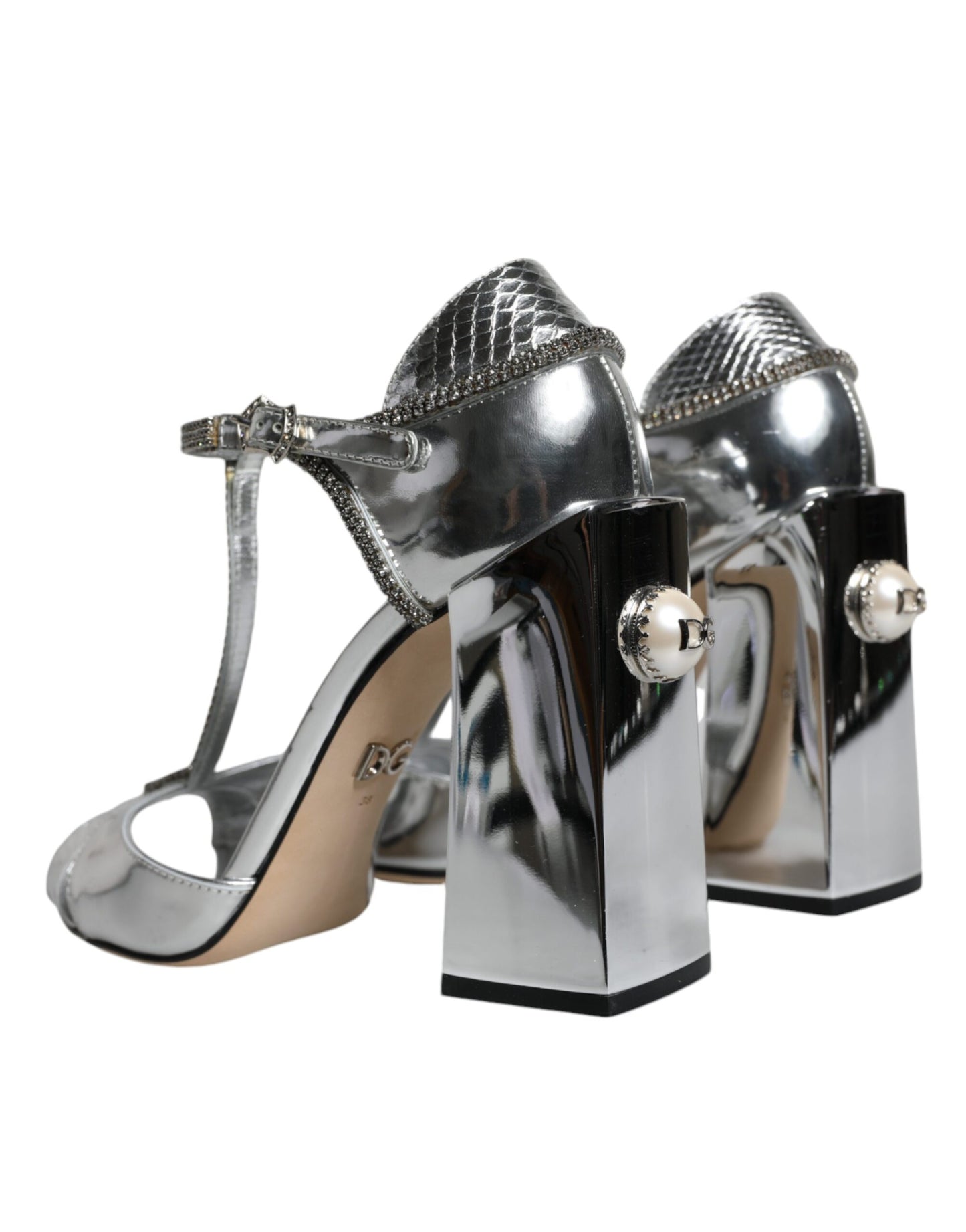 Dolce & Gabbana Silver Leather T-strap Heels Sandals Shoes/EU38/US8/Silver