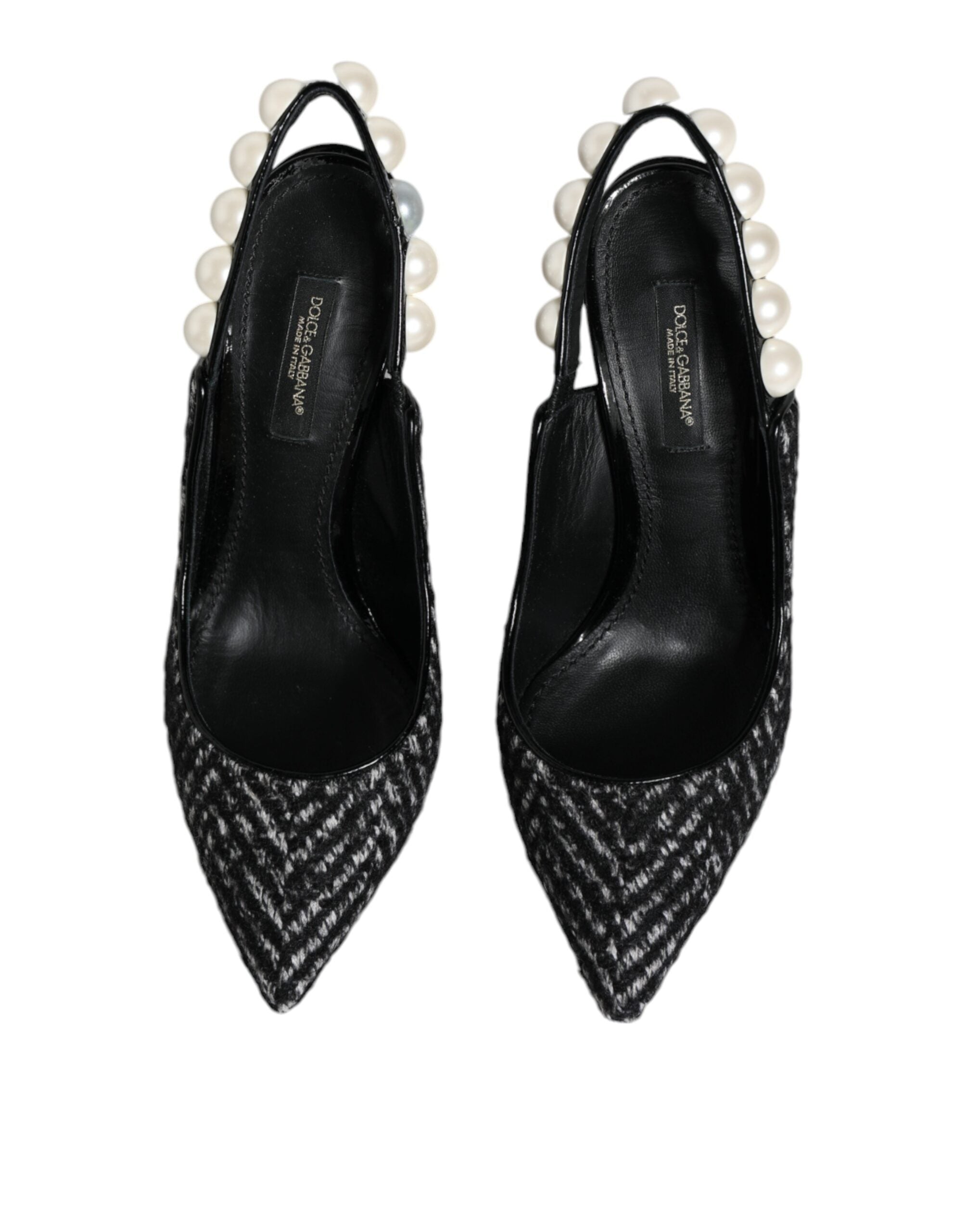 Dolce &amp; Gabbana White Black Chevron Faux Pearl Slingback Shoes/EU35/US5/Black/White