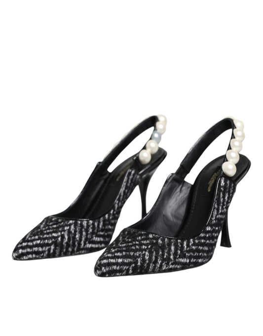 Dolce & Gabbana White Black Chevron Faux Pearl Slingback Shoes/EU35/US5/Black/White