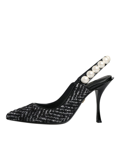 Dolce &amp; Gabbana White Black Chevron Faux Pearl Slingback Shoes/EU35/US5/Black/White