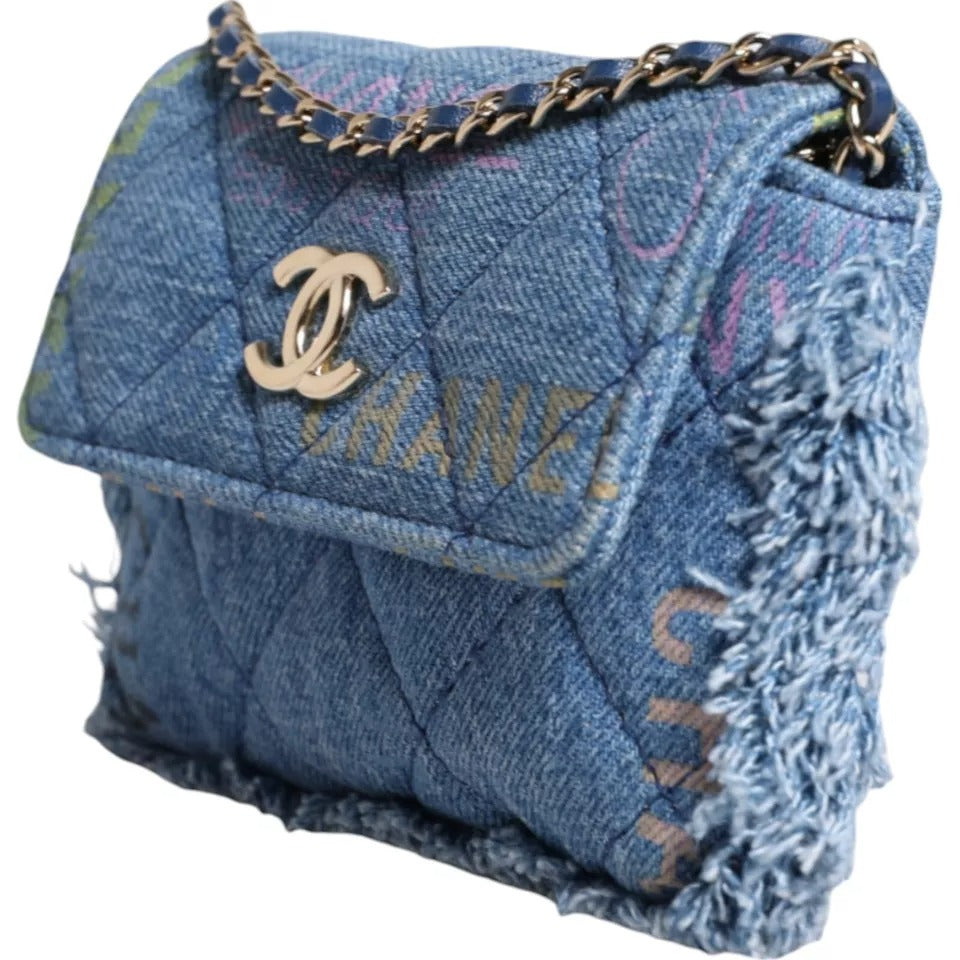 Chanel Denim Mood Flap Micro Logo Printed Fringed Shoulder Bag/one size/Blue