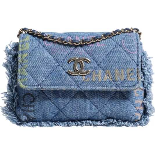 Chanel Denim Mood Flap Micro Logo Printed Fringed Shoulder Bag/one size/Blue