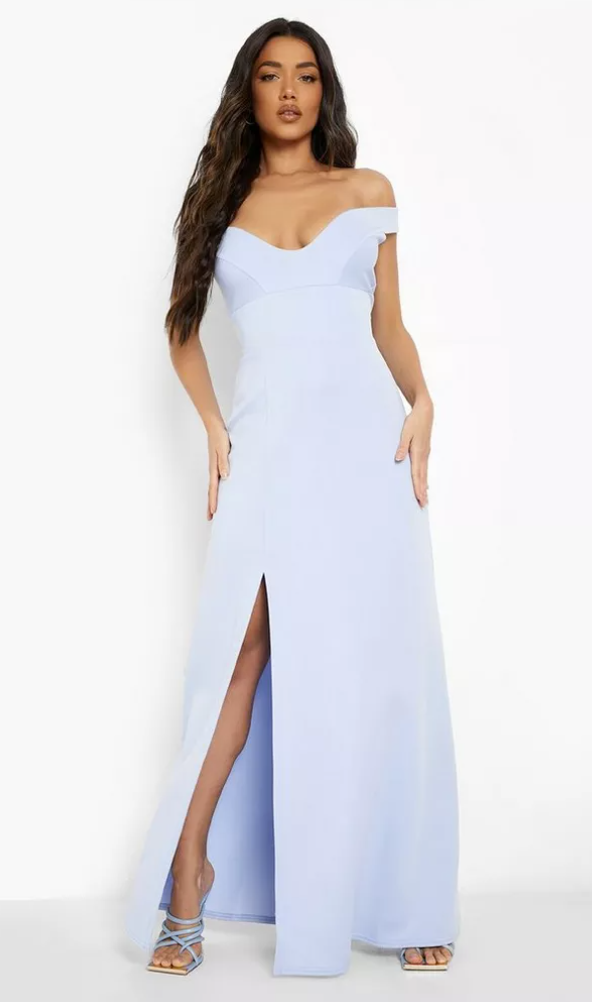 Boohoo Light Blue Off the Shoulder Slit Maxi