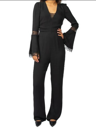 Bobi Black Bell Sleeve Lace Insert Jumpsuit - Black - M