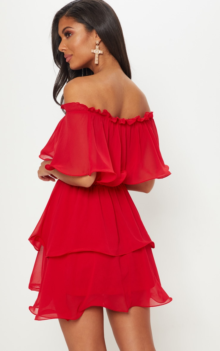 PrettyLittleThing Red Off the Shoulder Chiffon Ruffle Mini / XS