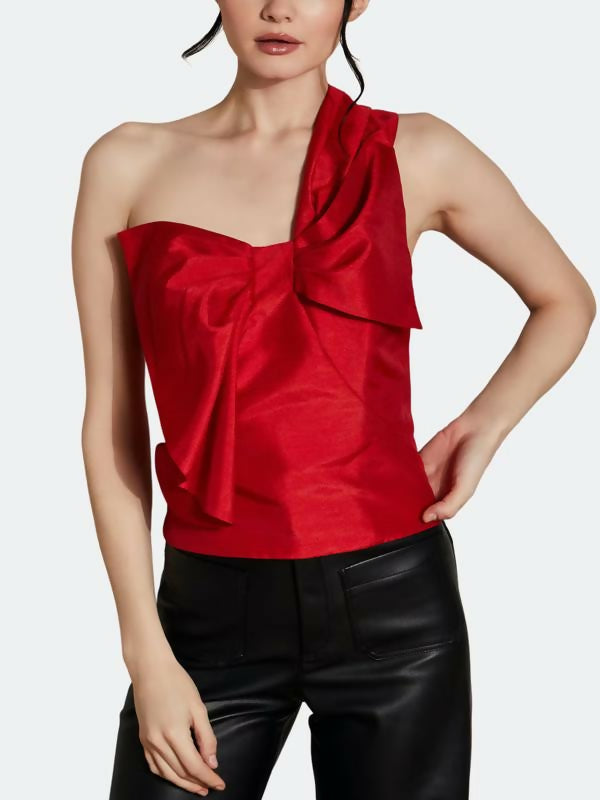 Hutch Este Pleated One Shoulder Bow Top - Red - L