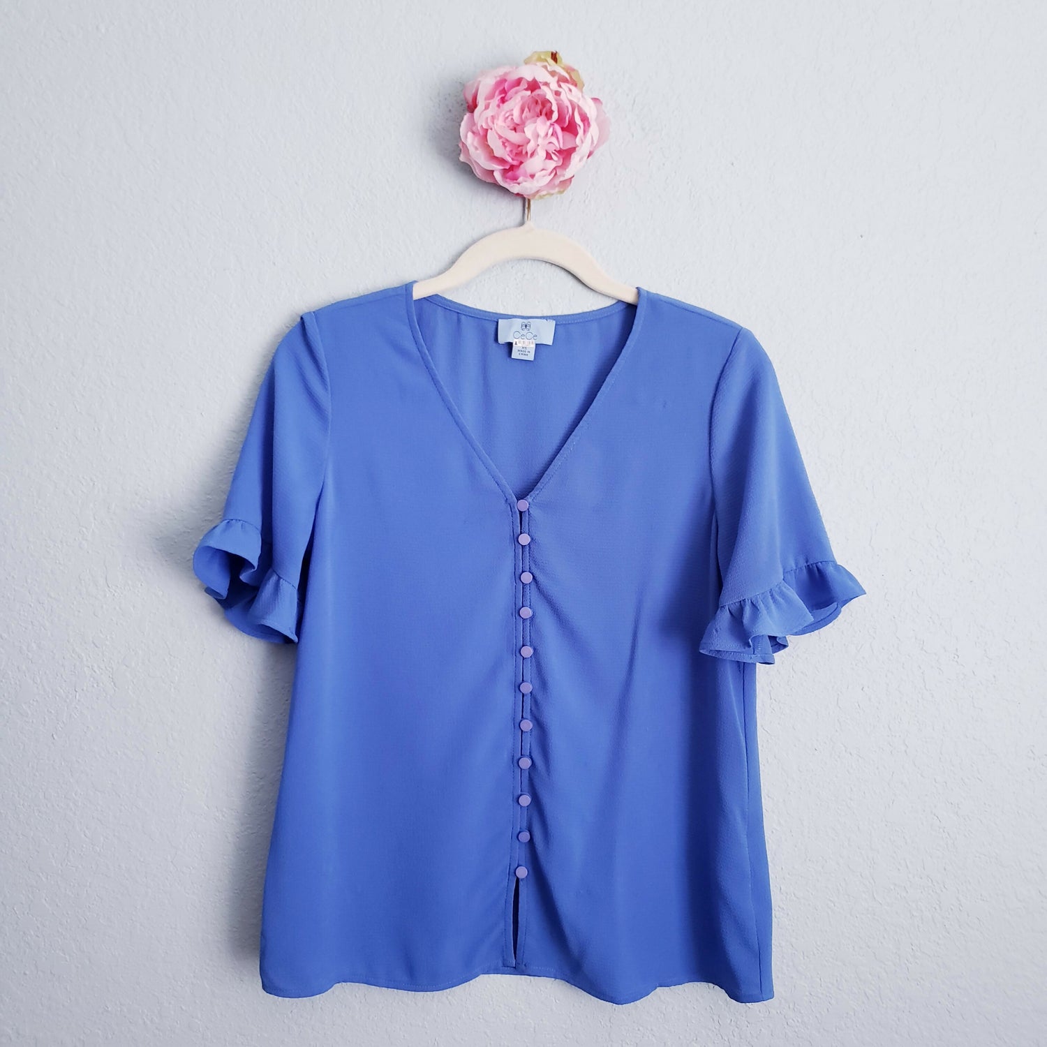 CeCe by Cynthia Steffe V-Neck Ruffled Button-Down Top - /Blue - XS