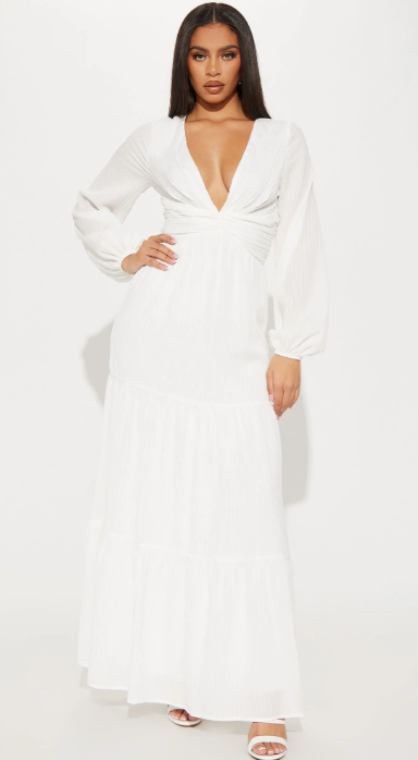 Fashion Nova White Long Sleeve Linen Maxi / M