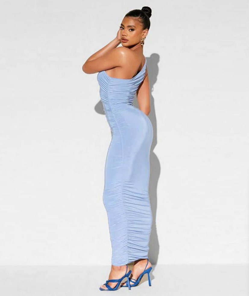 Asos Light Blue One Shoulder Ruched Maxi Dress / M