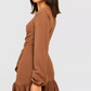 Boohoo Brown Textured Puff Long Sleeve Mini Dress / S