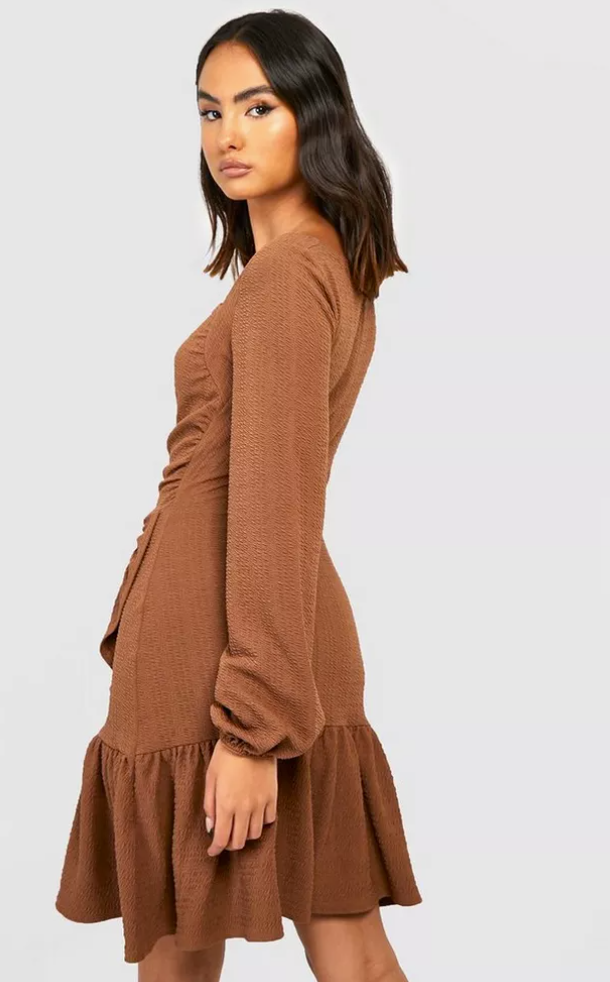 Boohoo Brown Textured Puff Long Sleeve Mini Dress / S