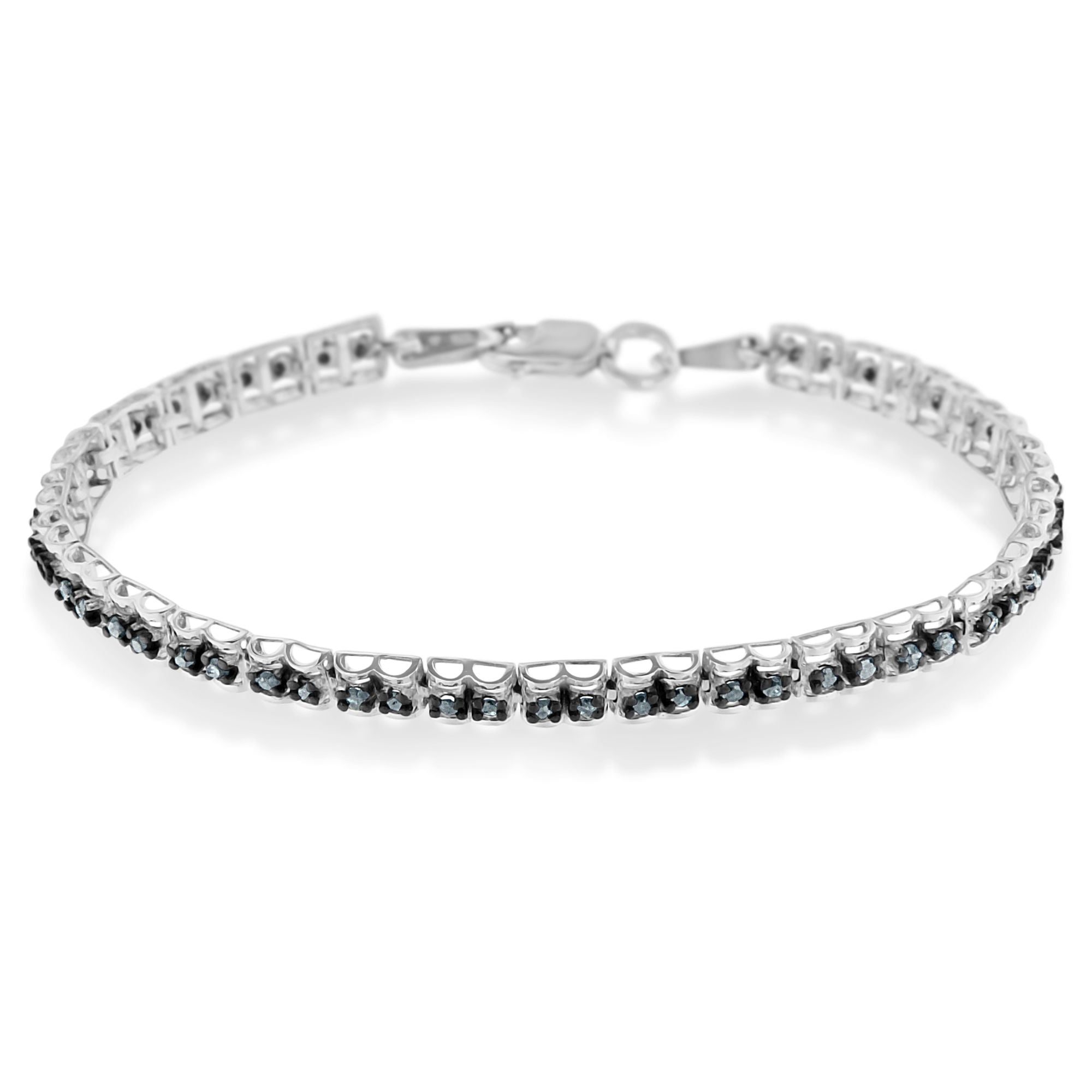 Haus of Brilliance Black Rhodium over .925 Sterling Silver 1.0 Cttw Rose Cut Diamond Double-Link 7&quot; Tennis Bracelet (Blue Color, I1-I2 Clarity)