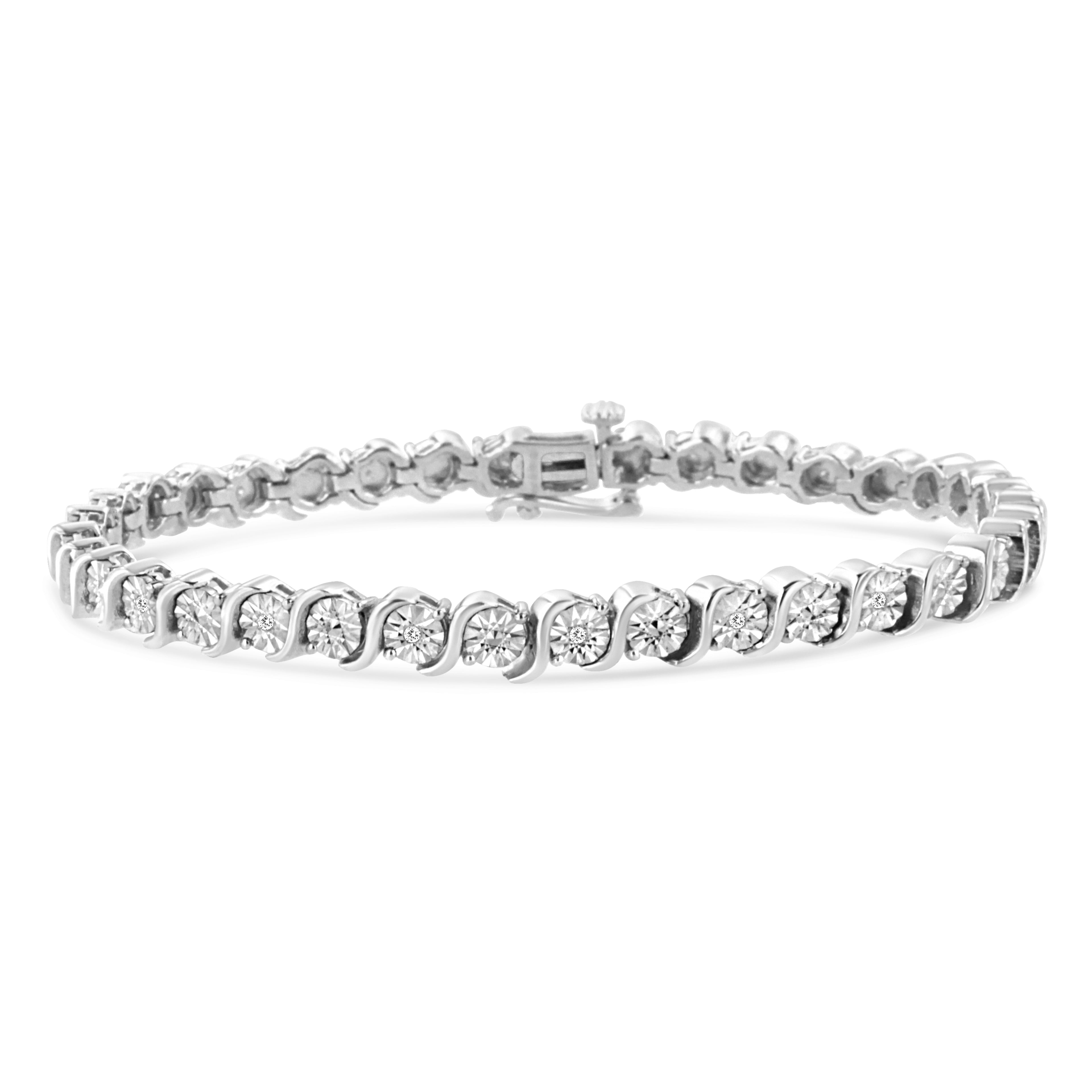 .925 Sterling Silver 1/10 Cttw Diamond Round Miracle Plate and &quot;S&quot; Link Tennis Bracelet (I-J Color, I2- I3 Clarity) - 7&quot;