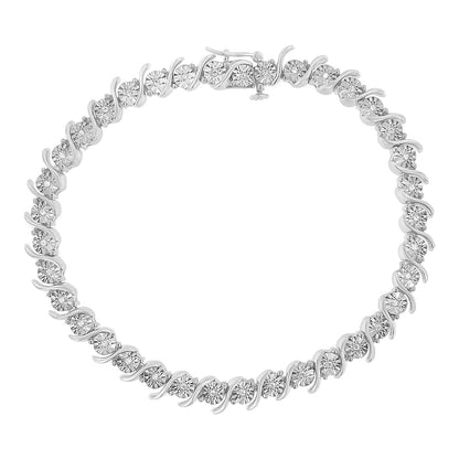 .925 Sterling Silver 1/10 Cttw Diamond Round Miracle Plate and &quot;S&quot; Link Tennis Bracelet (I-J Color, I2- I3 Clarity) - 7&quot;