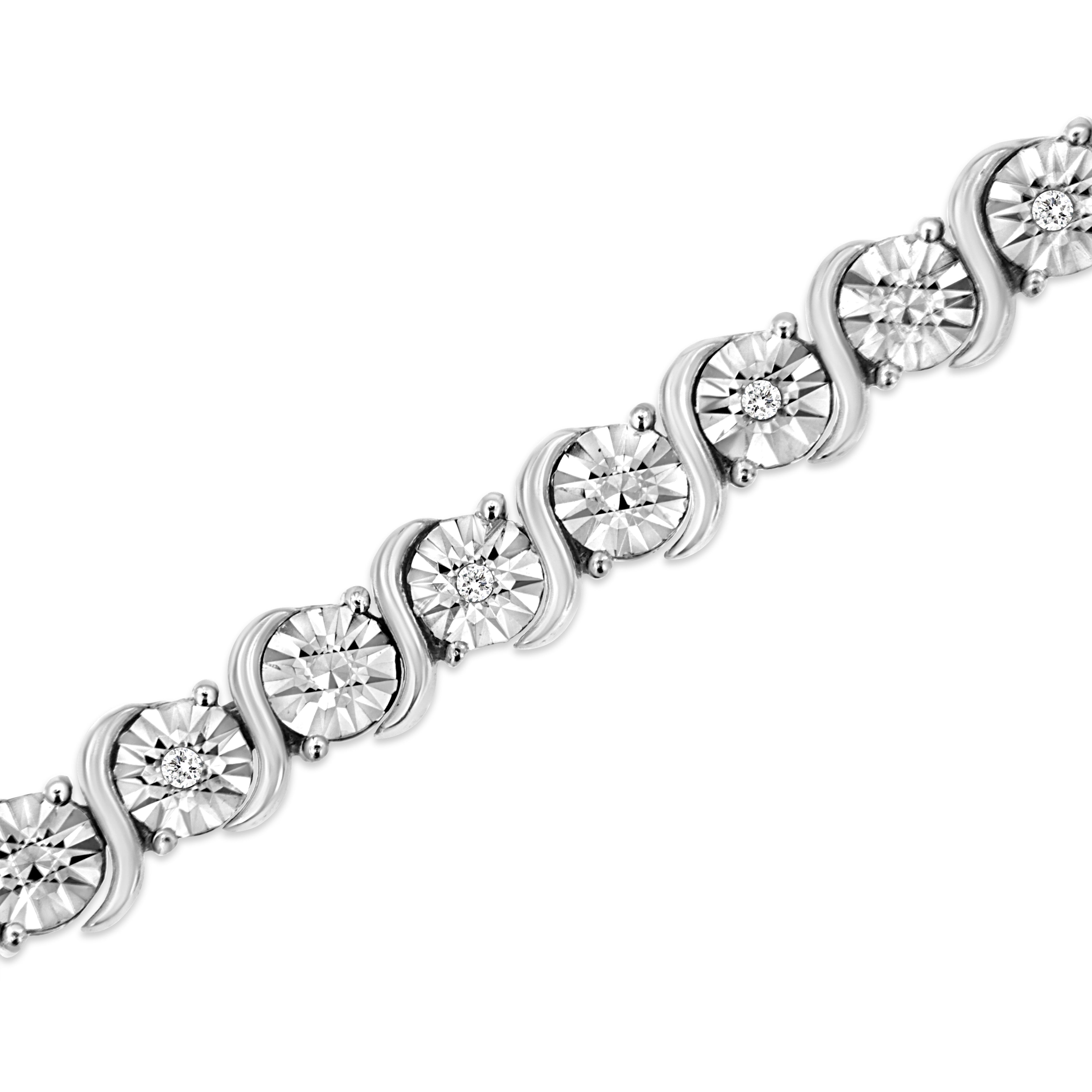 .925 Sterling Silver 1/10 Cttw Diamond Round Miracle Plate and &quot;S&quot; Link Tennis Bracelet (I-J Color, I2- I3 Clarity) - 7&quot;