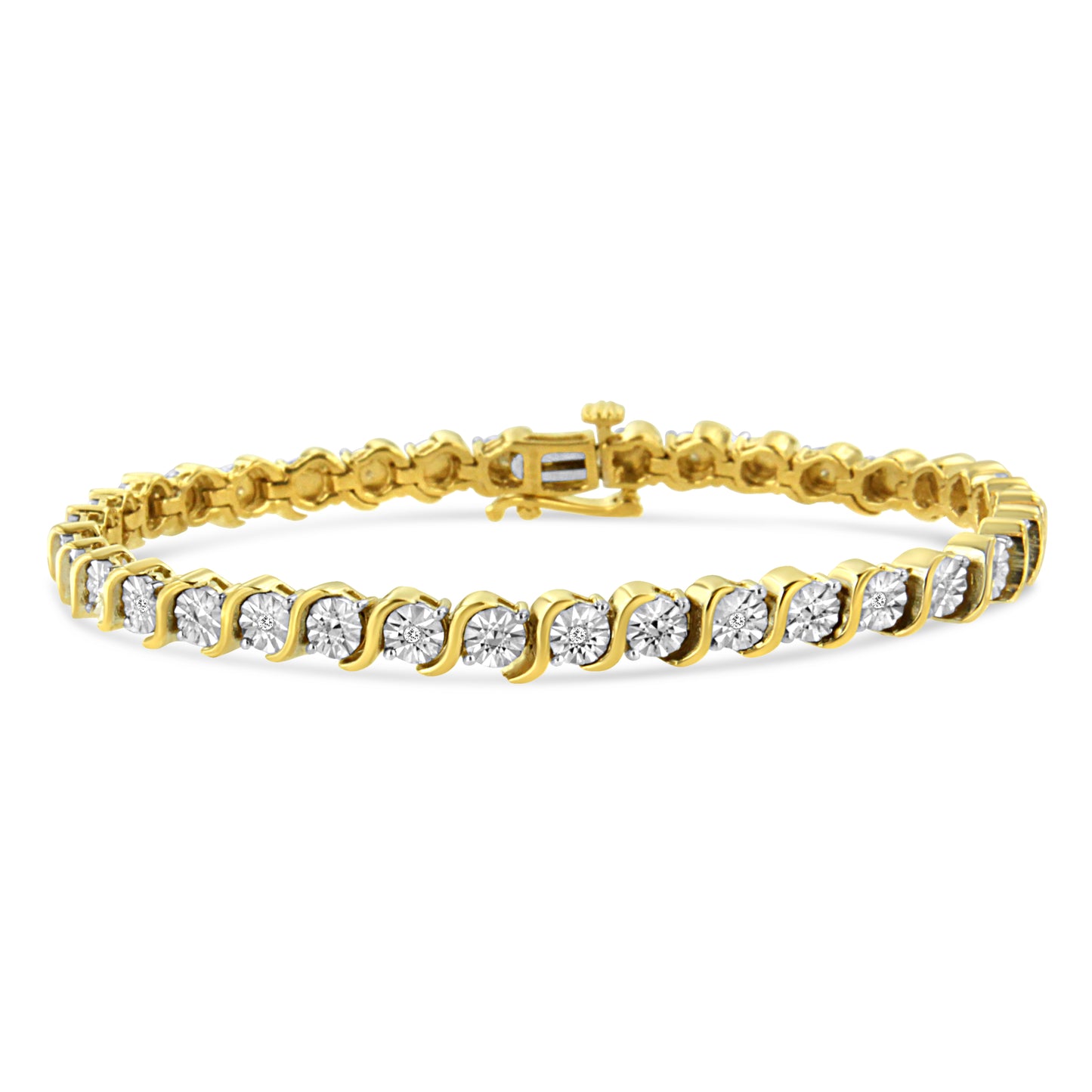 Haus of Brilliance 14K Yellow Gold Plated .925 Sterling Silver 1/10 Cttw Diamond Round Miracle Plate and "S" Link Tennis Bracelet (I-J Color, I2- I3 Clarity) - 7"