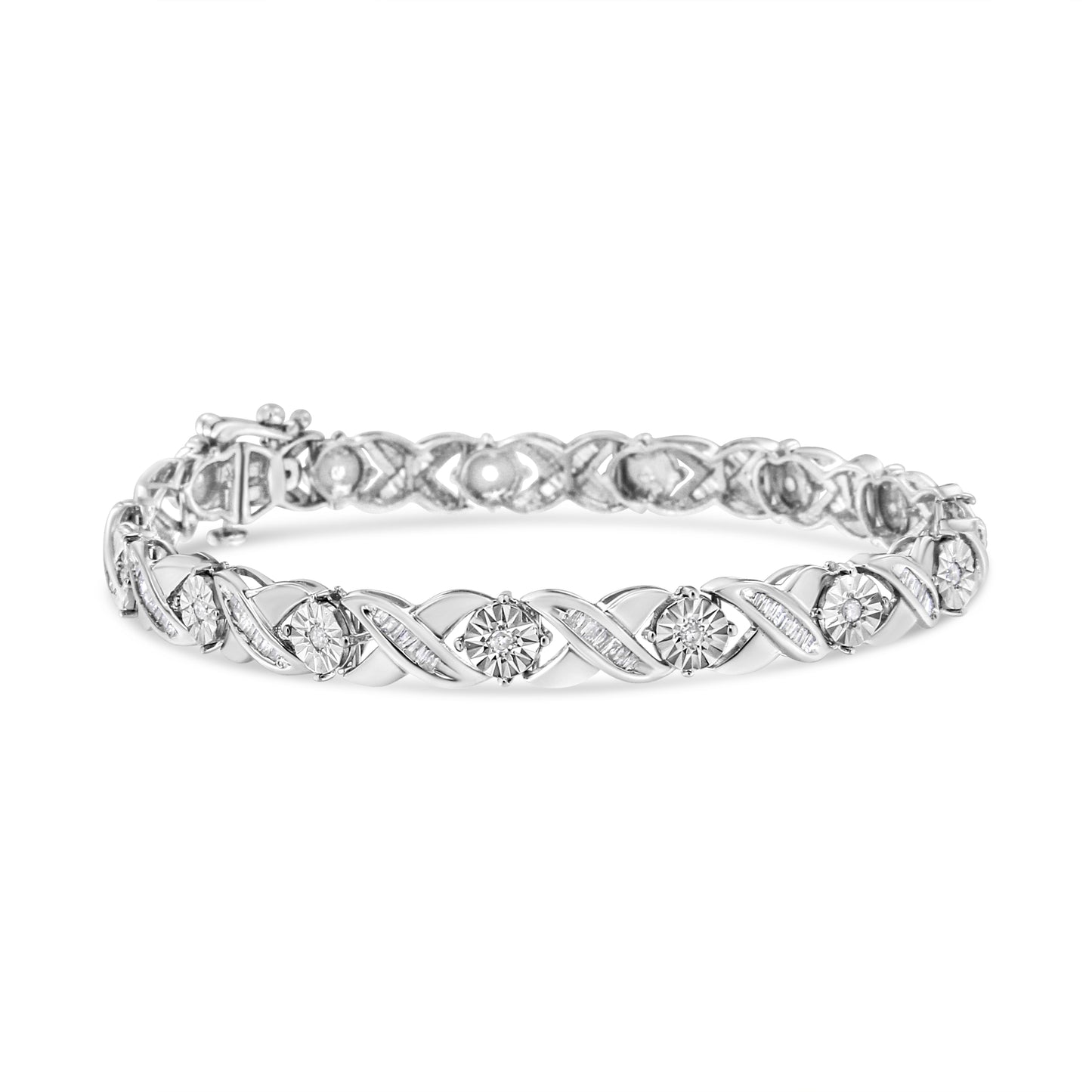 Haus of Brilliance .925 Sterling Silver 1.0 Cttw Round-Brilliant and Baguette Cut Diamond Miracle-Set X-Link 7" Tennis Bracelet (I-J Color, I2-I3 Clarity)