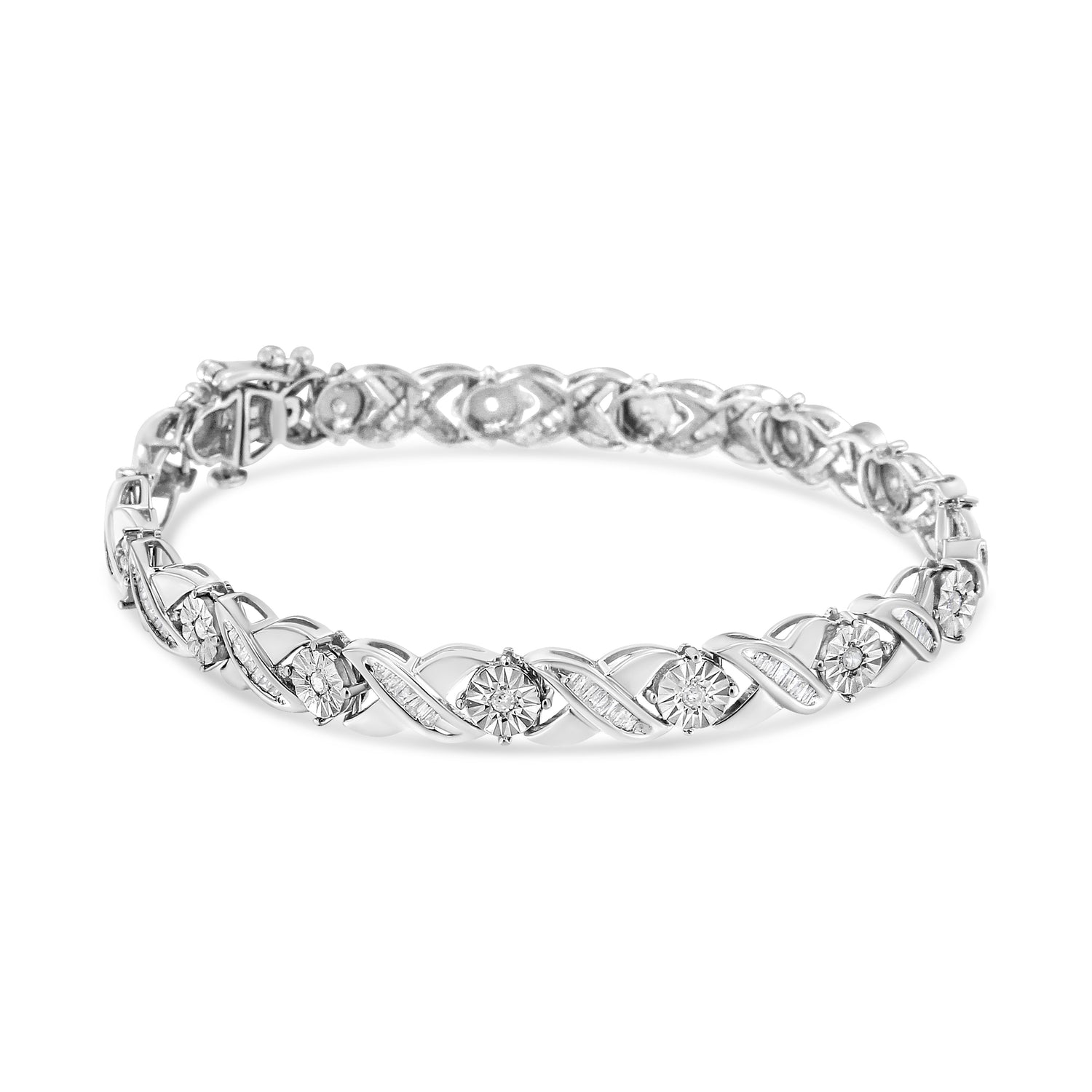Haus of Brilliance .925 Sterling Silver 1.0 Cttw Round-Brilliant and Baguette Cut Diamond Miracle-Set X-Link 7&quot; Tennis Bracelet (I-J Color, I2-I3 Clarity)
