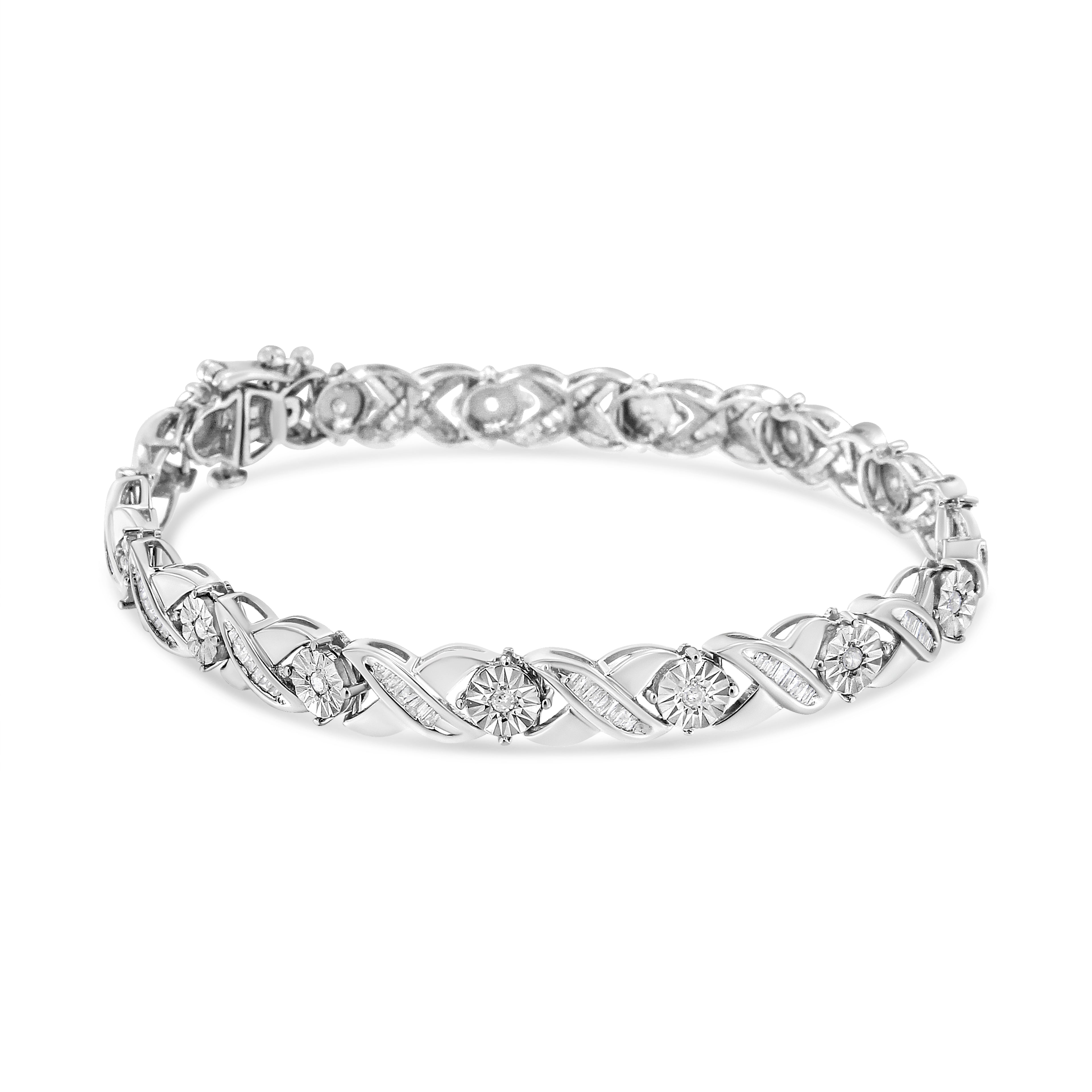 Haus of Brilliance .925 Sterling Silver 1.0 Cttw Round-Brilliant and Baguette Cut Diamond Miracle-Set X-Link 7&quot; Tennis Bracelet (I-J Color, I2-I3 Clarity)