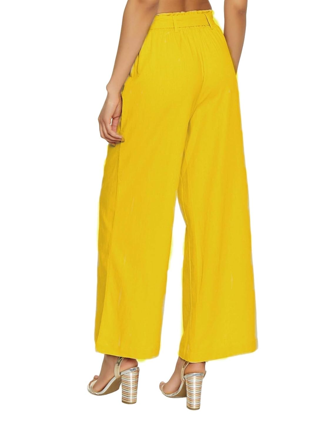 Paper Crown Wide Leg Belted Palazzo Pants - Yellow - S