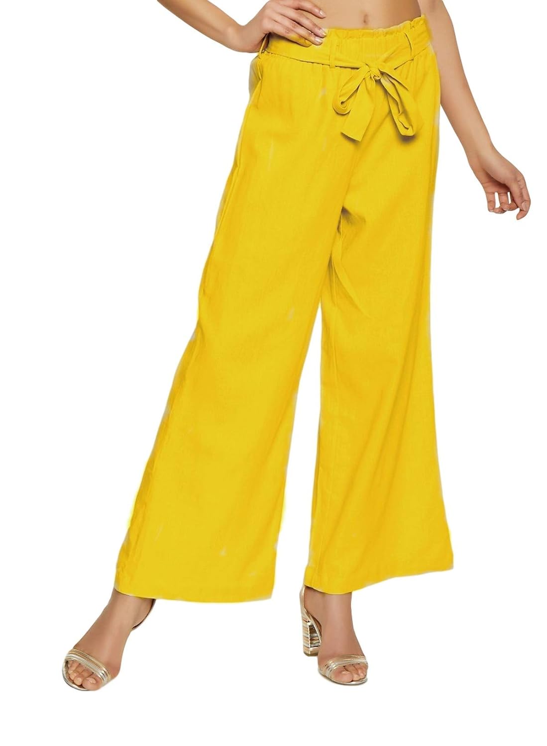 Paper Crown Wide Leg Belted Palazzo Pants - Yellow - S