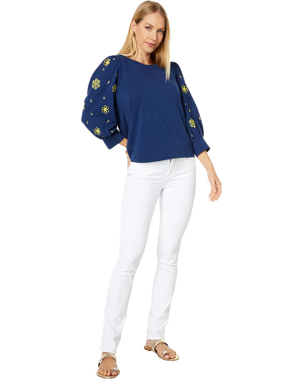 Lilly Pulitzer Puff Sleeve Embroidered Corden Sweatshirt - Floral - Navy Multi/Low Tide Navy - M