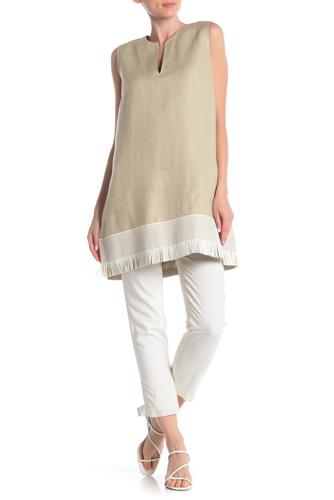 Lafayette 148 New York Sleeveless Splitneck Fringe Trim Linen Tunic - /Beige - XS