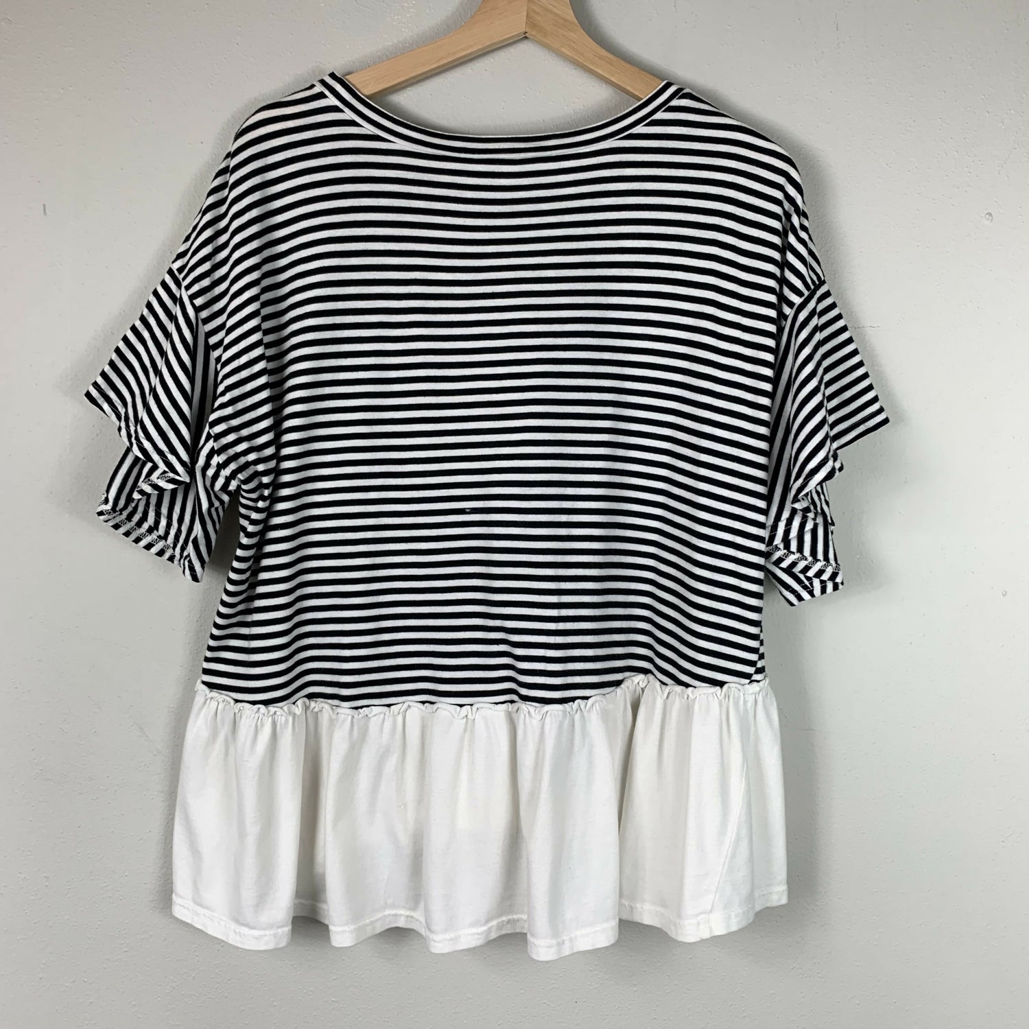 Nicole Miller NY Short Sleeve Ruffle Peplum Tee - Stripes - White Multi - XL