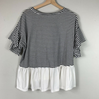 Nicole Miller NY Short Sleeve Ruffle Peplum Tee - Stripes - White Multi - XL