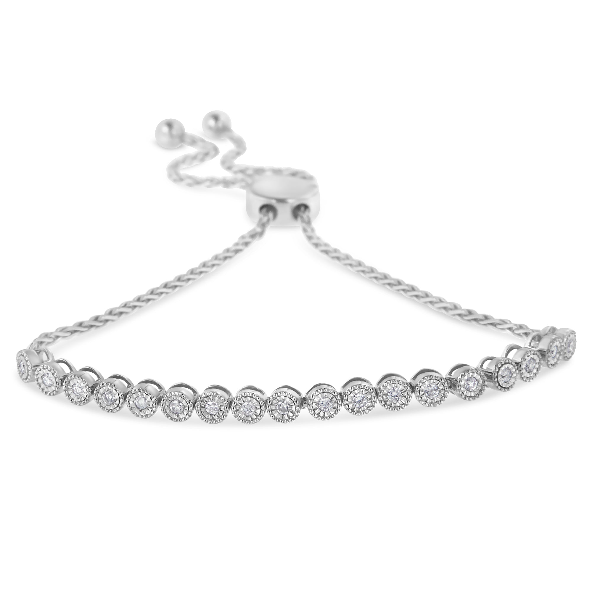 Haus of Brilliance .925 Sterling Silver Miracle-Set Diamond Accented 6”-9” Adjustable Beaded Tennis Bolo Bracelet (H-I Color, I2-I3 Clarity)