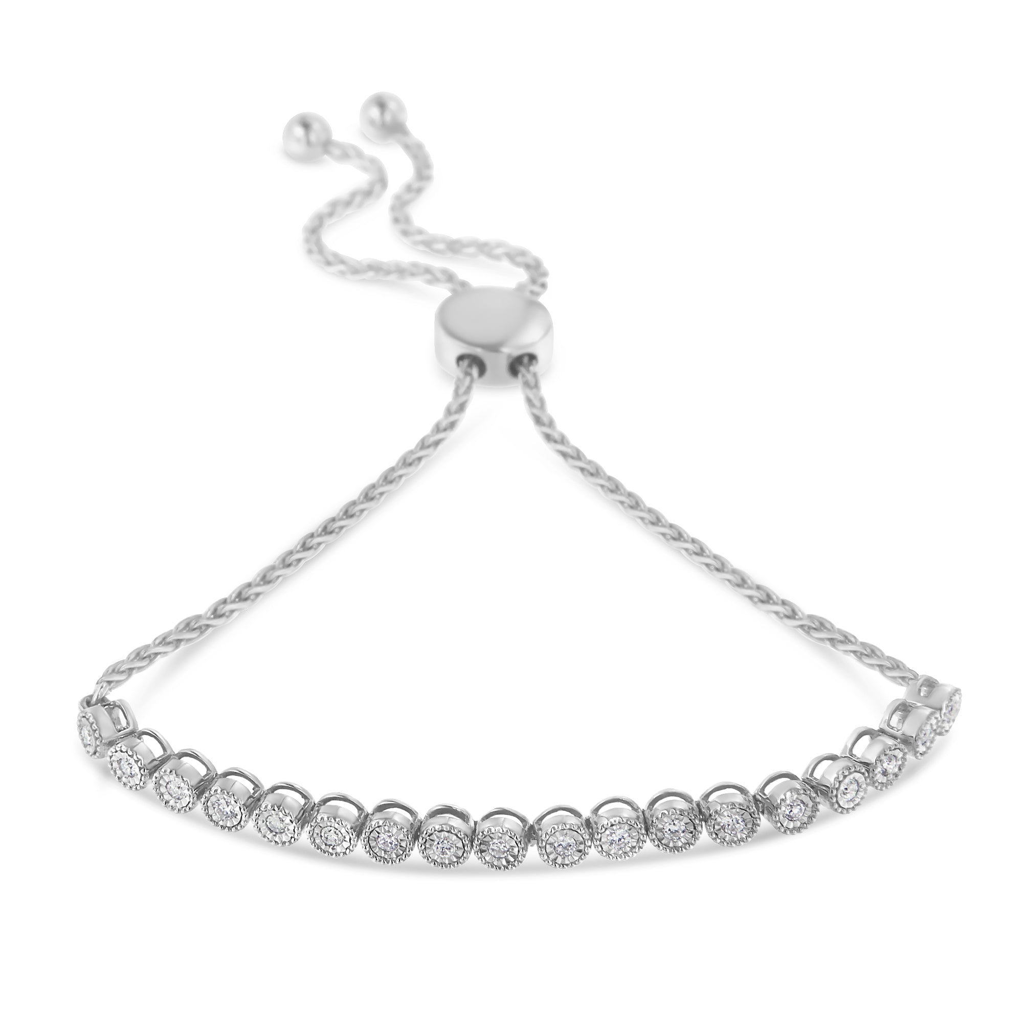 Haus of Brilliance .925 Sterling Silver Miracle-Set Diamond Accented 6”-9” Adjustable Beaded Tennis Bolo Bracelet (H-I Color, I2-I3 Clarity)