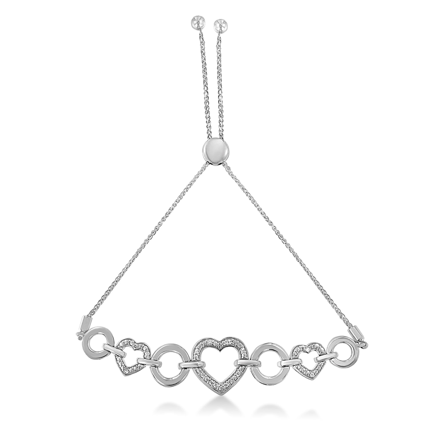 Haus of Brilliance .925 Sterling Silver 1/10 Cttw Round-Cut Diamond Heart-Link Adjustable Bolo Bracelet ( H-I Color, I2-I3 Clarity) - 6&quot;-9&quot; Adjustable