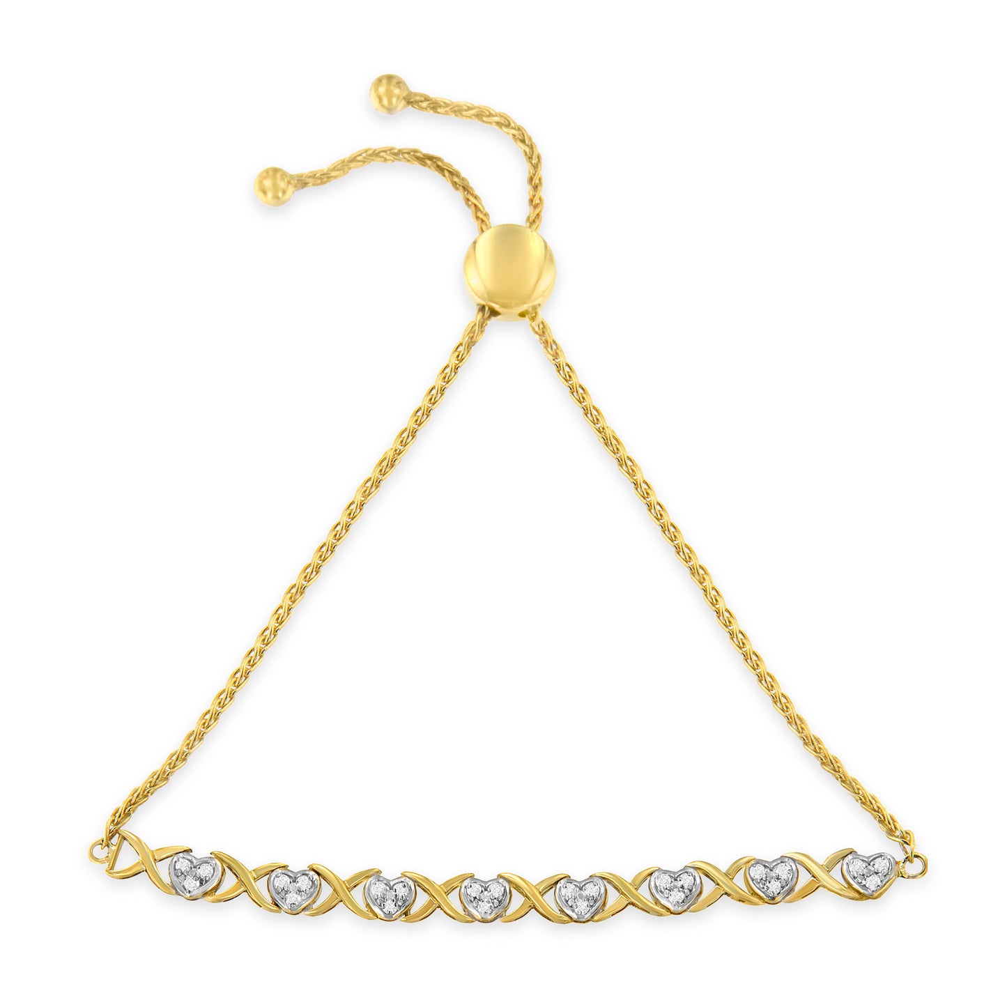 Haus of Brilliance 10K Yellow Gold over .925 Sterling Silver 1/10 Cttw Diamond Heart and X-Link 6”-9” Adjustable Bolo Bracelet (H-I Color, I2-I3 Clarity)